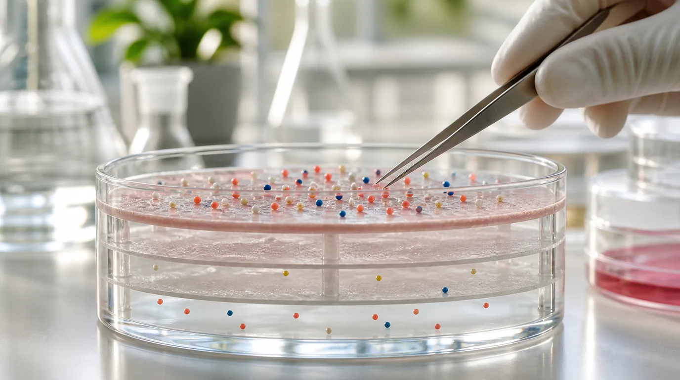 A three-layer laboratory barrier model with colored particles and a gloved researcher