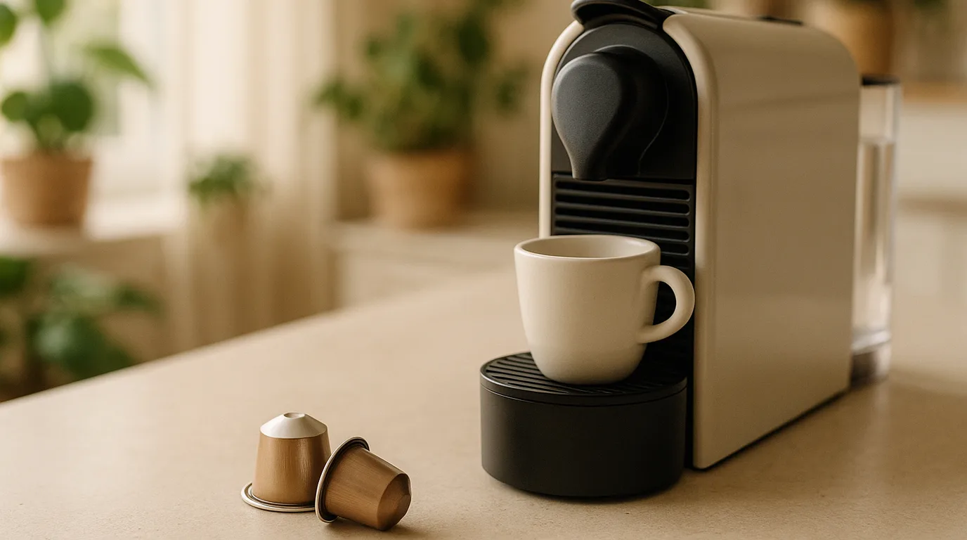Aluminum Nespresso-style coffee capsules beside an espresso cup on a kitchen counter