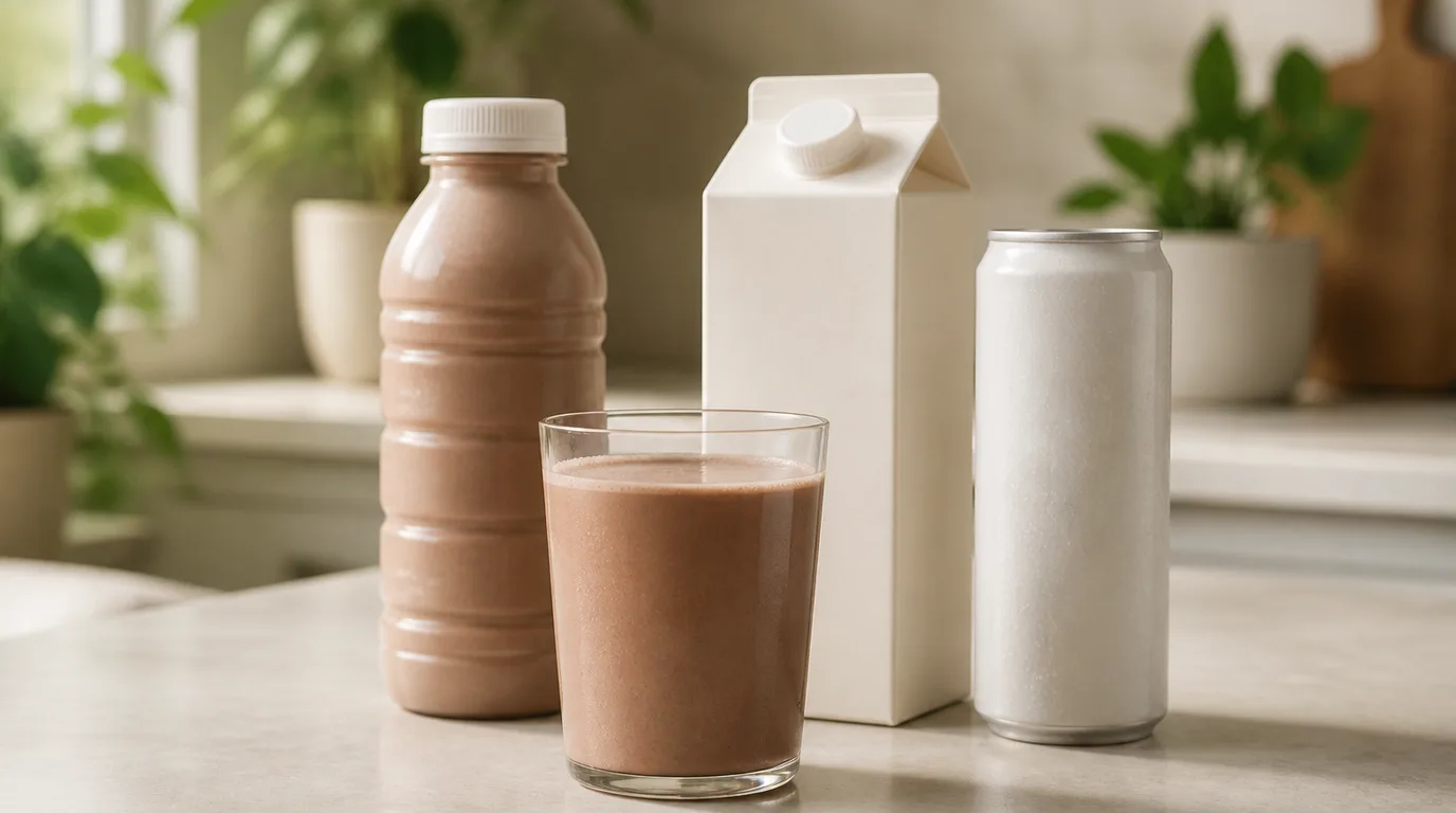 Plastic bottle, aseptic carton and aluminum can beside a glass of chocolate protein shake