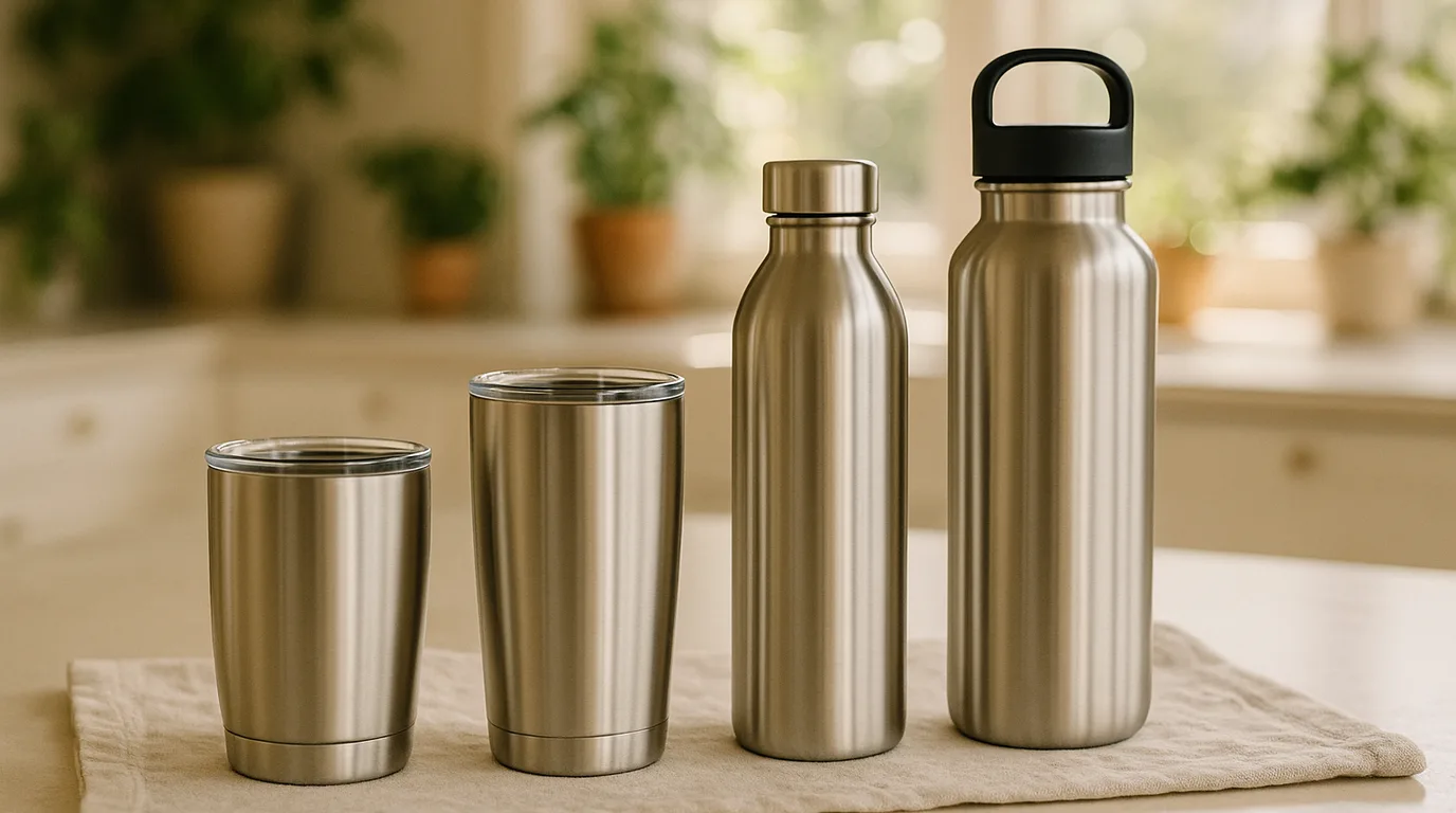 Four stainless steel insulated tumblers and water bottles of different sizes lined up on a counter