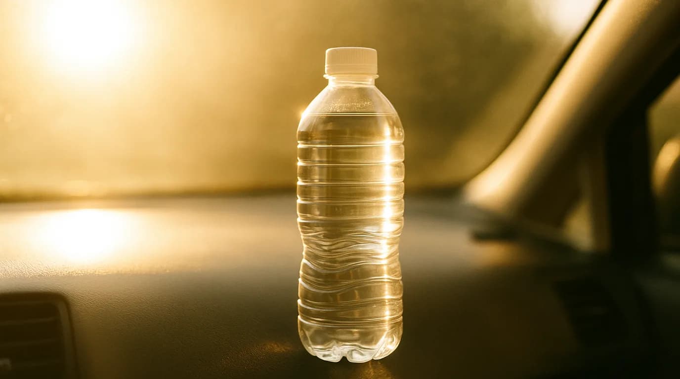 A translucent plastic water bottle on a car dashboard in harsh bright sunlight
