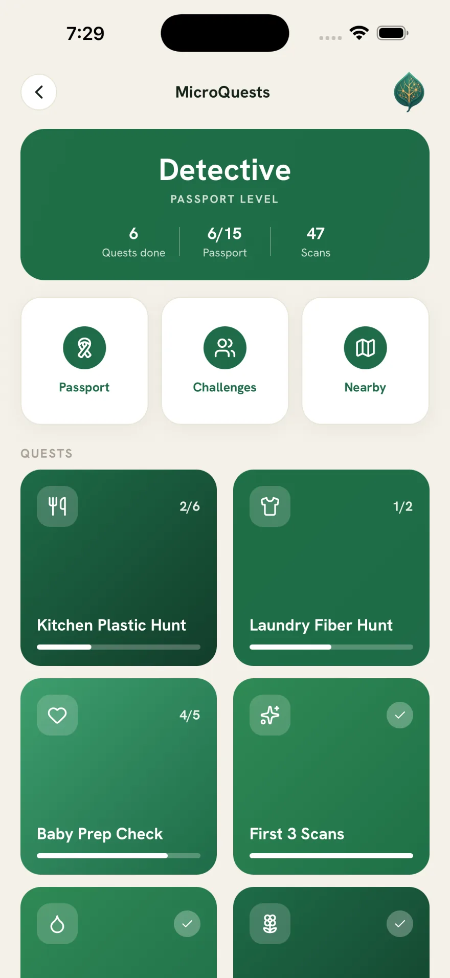 MicroPlastics MicroQuests screen showing the quest library
