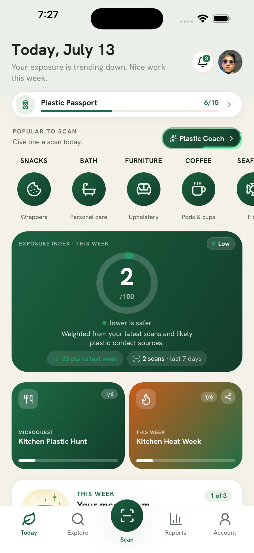 MicroPlastics app Today screen: exposure gauge, rooms, and daily quest