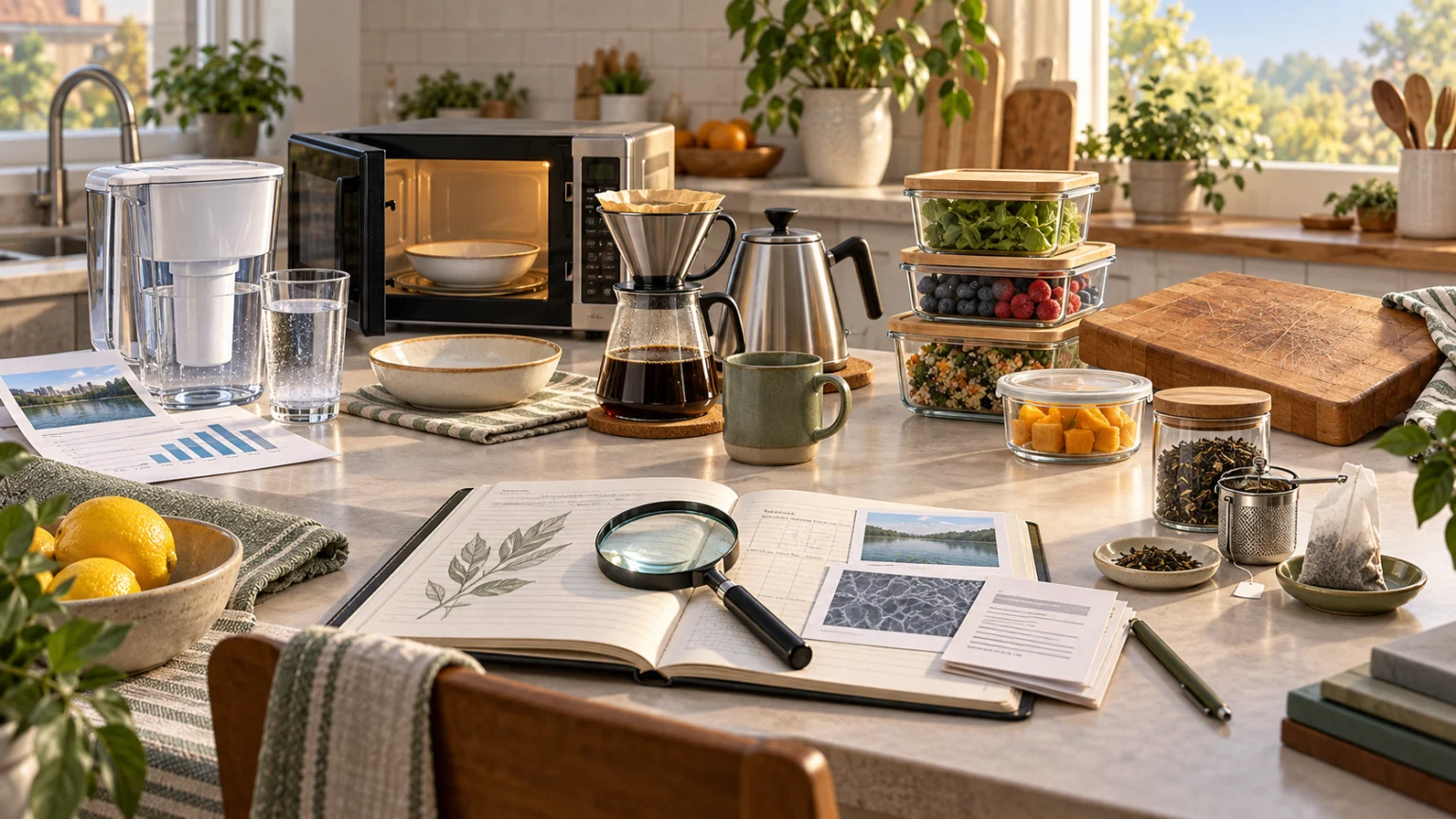 Seven-day household exposure audit with water, heating, coffee, storage, cutting board, tea and notes