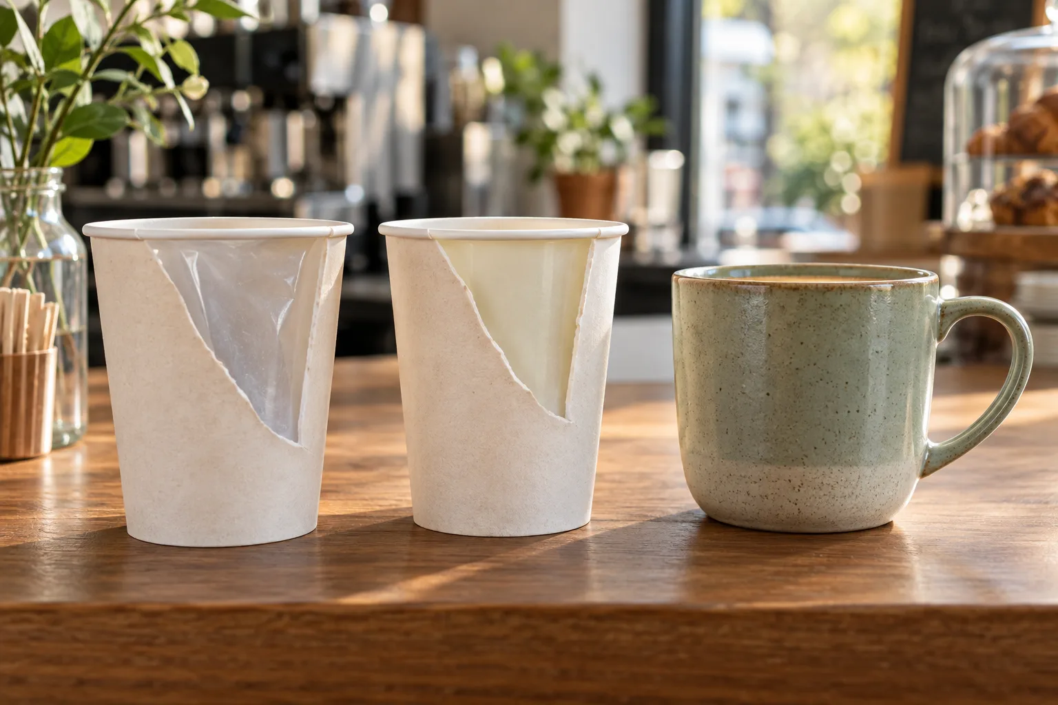 Two unbranded paper takeaway cups with their thin inner linings exposed beside a ceramic mug