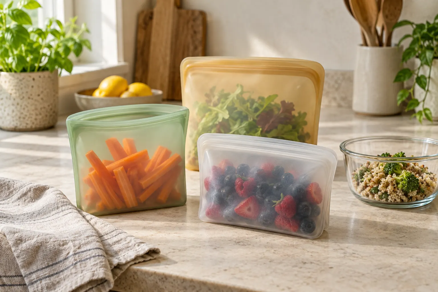Illustration of translucent reusable silicone food bags holding vegetables and berries beside a glass bowl