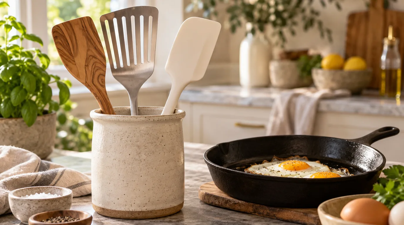 An olive wood spatula, a slotted steel fish spatula and a cream silicone spatula in a stoneware crock beside a cast iron skillet with fried eggs