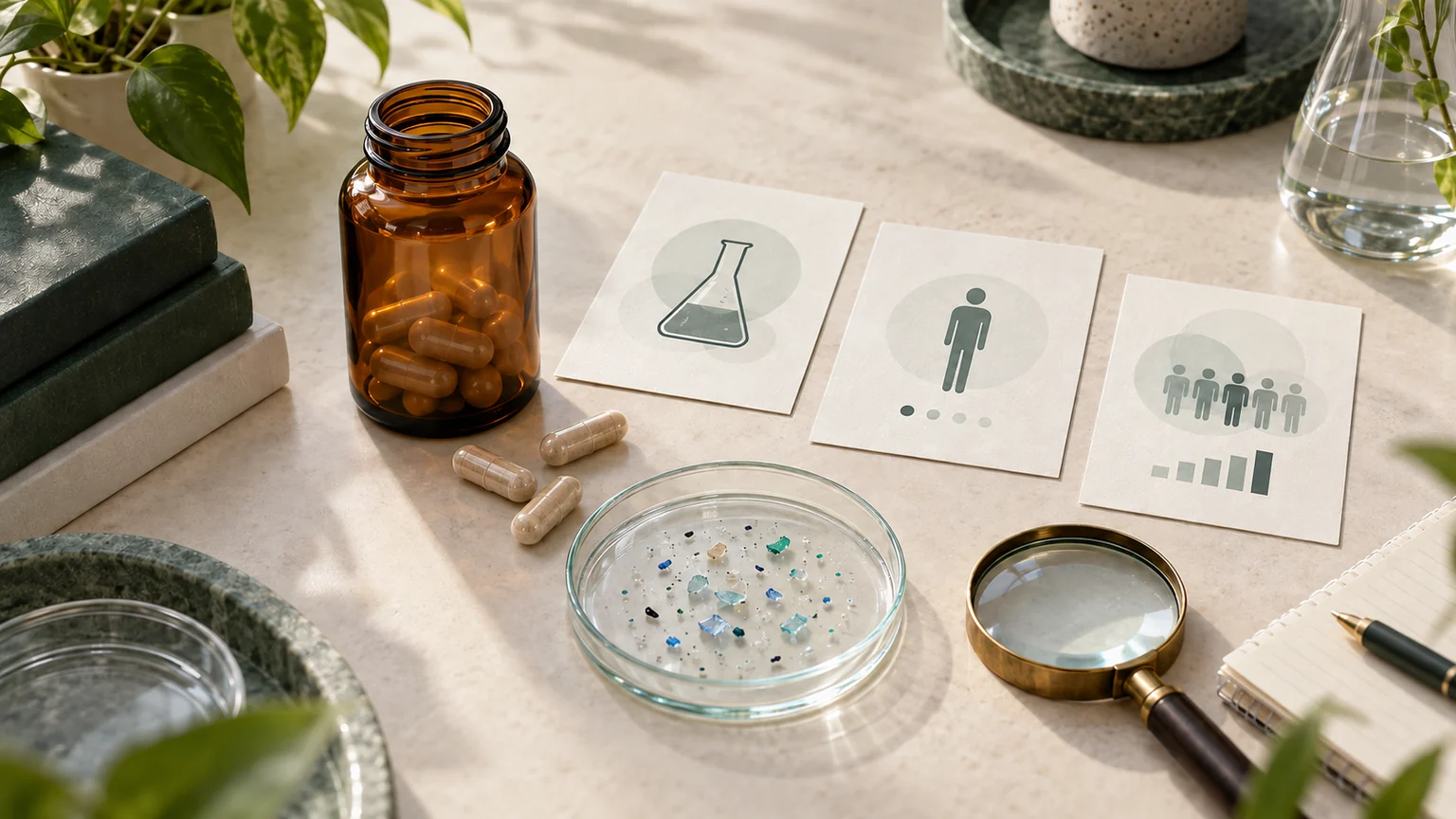 Unbranded supplement capsules beside laboratory evidence cards and magnified particles