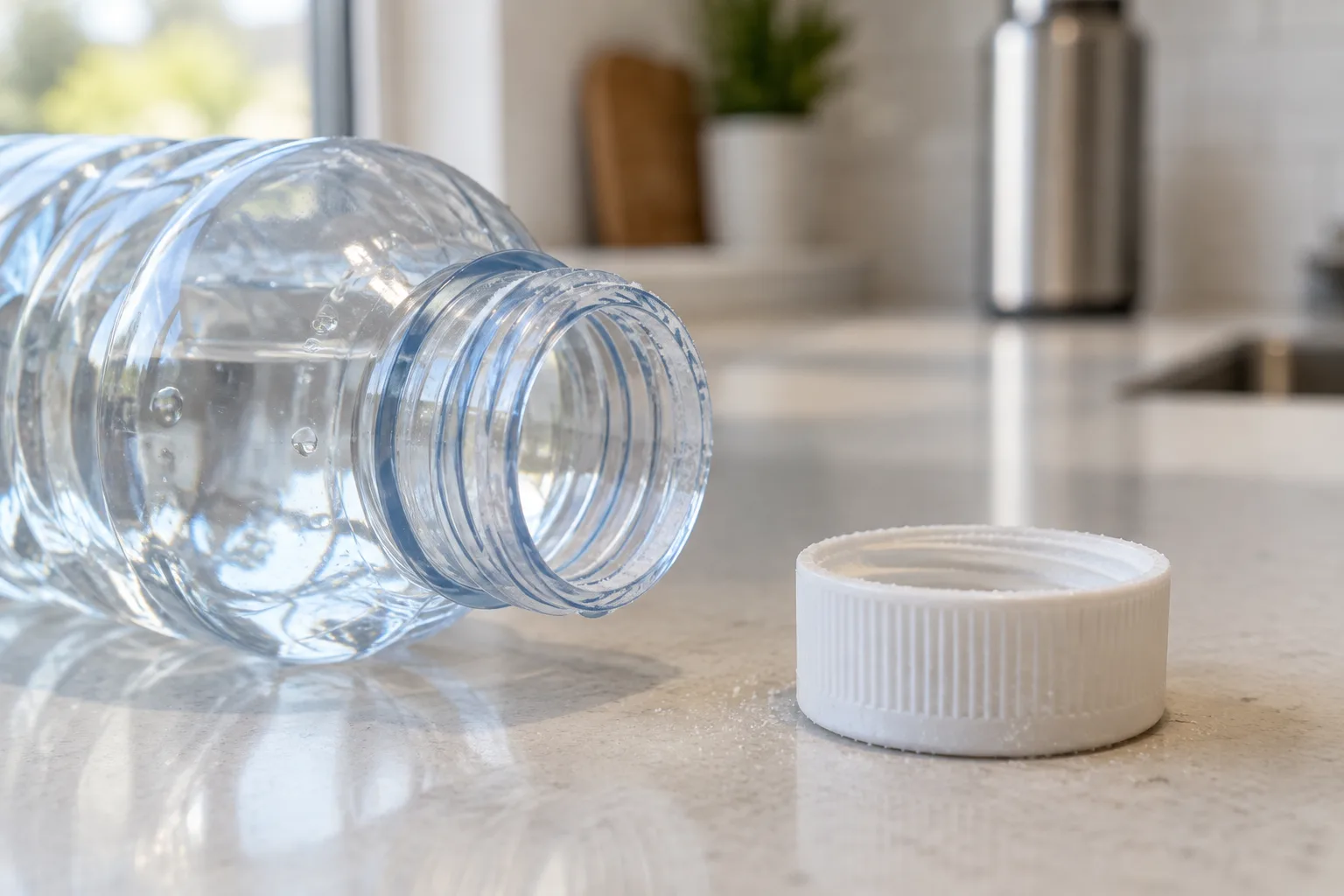 Clear plastic bottle neck and white screw cap showing wear around the threads