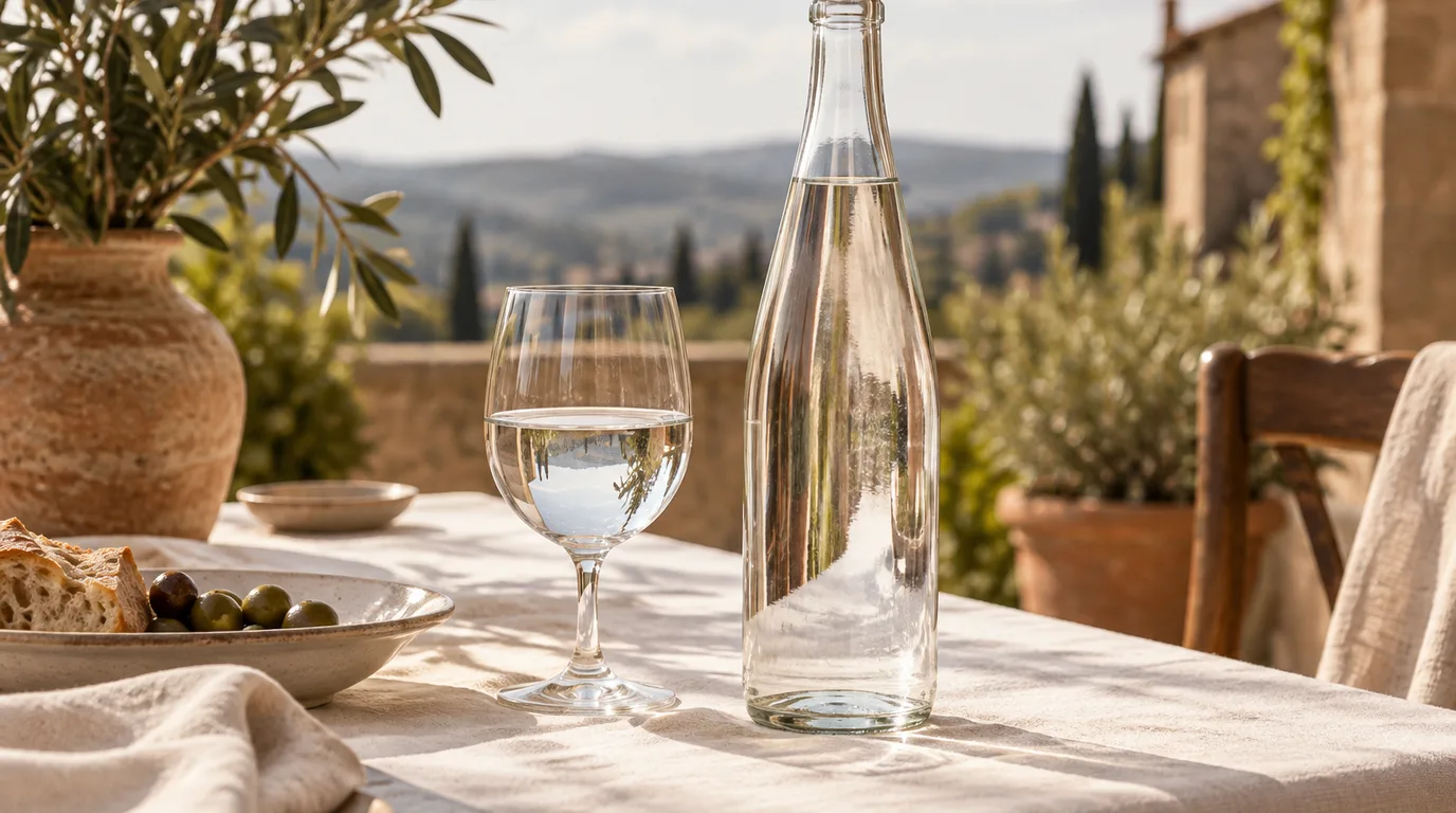 An unlabeled tall clear glass bottle of still water beside a stemmed water glass on a linen tablecloth at a sunny outdoor table, olive trees and hills blurred behind