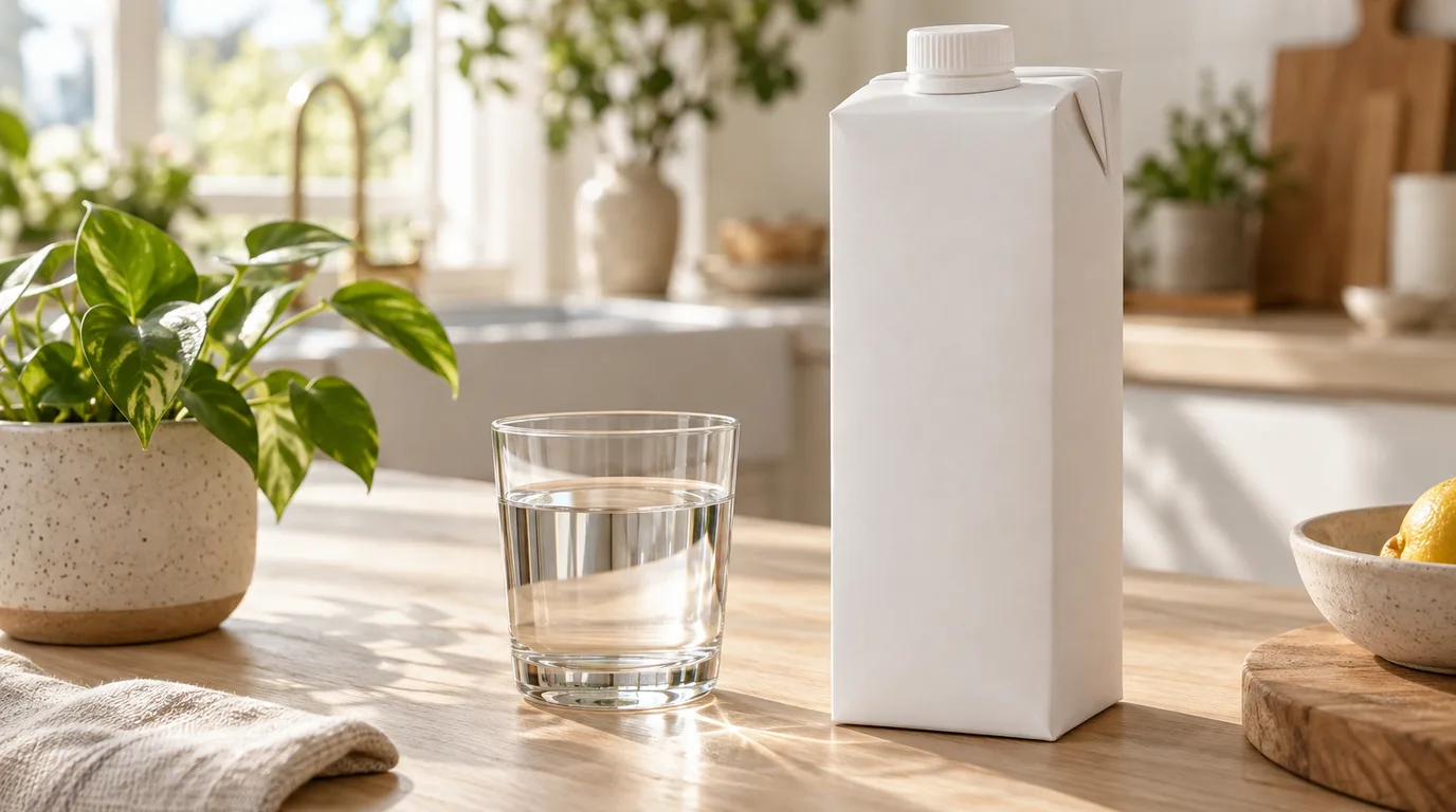 A plain unprinted white paperboard water carton with a screw cap beside a glass of water and a potted plant on a wooden counter