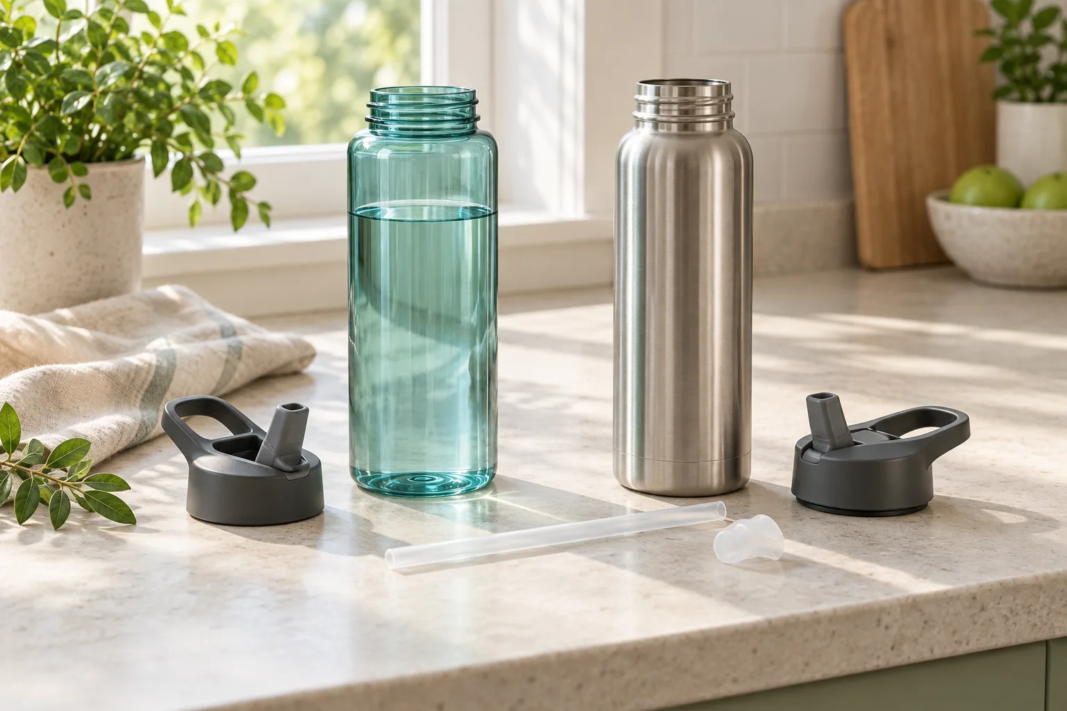 Illustration of a clear teal bottle and a brushed steel bottle beside detached caps, a straw and a soft mouthpiece