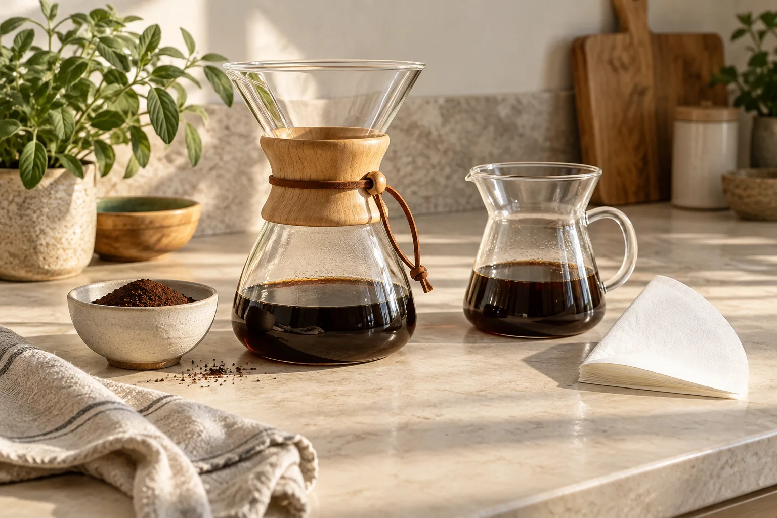 Generic clear glass pour-over brewer with a wood collar, glass coffee server and folded paper filters