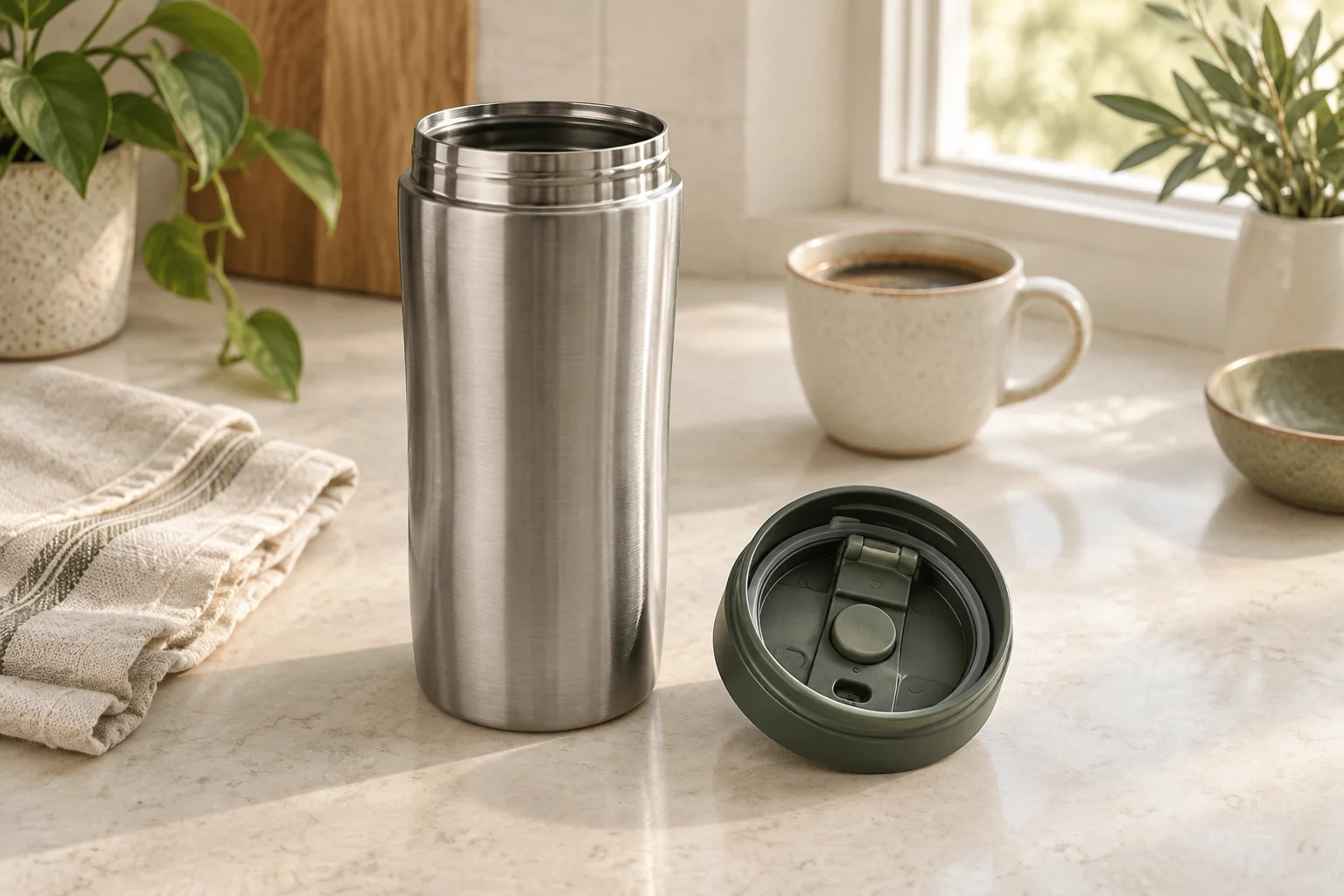 Generic brushed steel travel mug with its detached sage drinking lid beside a ceramic coffee cup