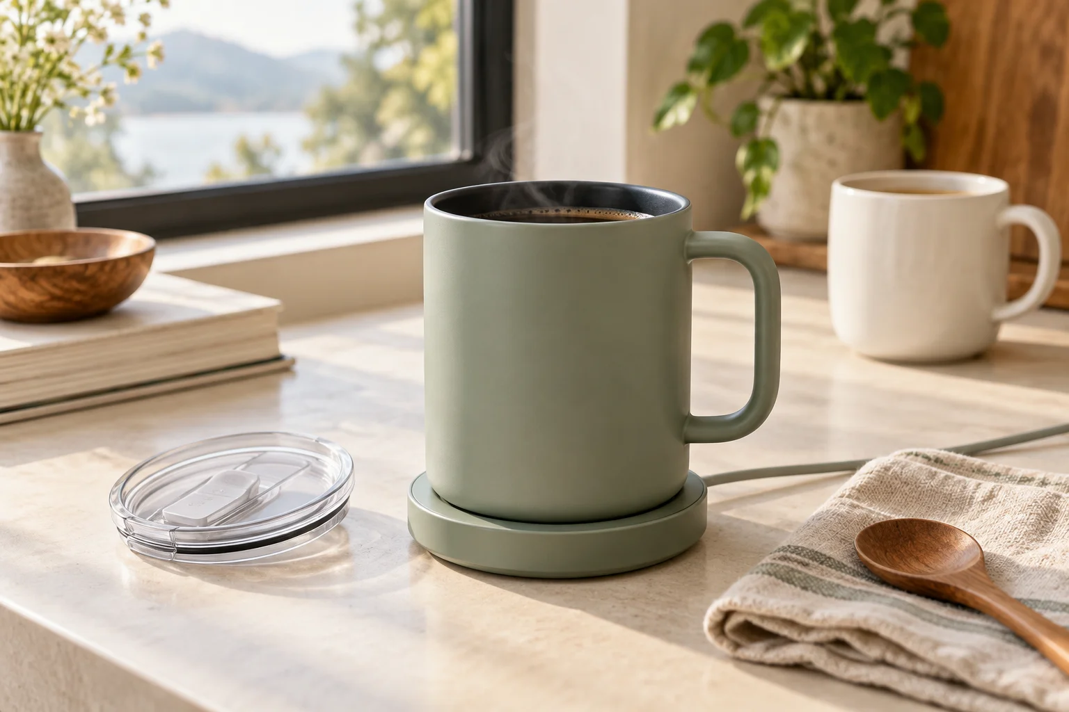 Generic sage heated coffee mug on a charging coaster, with a translucent lid and wooden spoon beside it