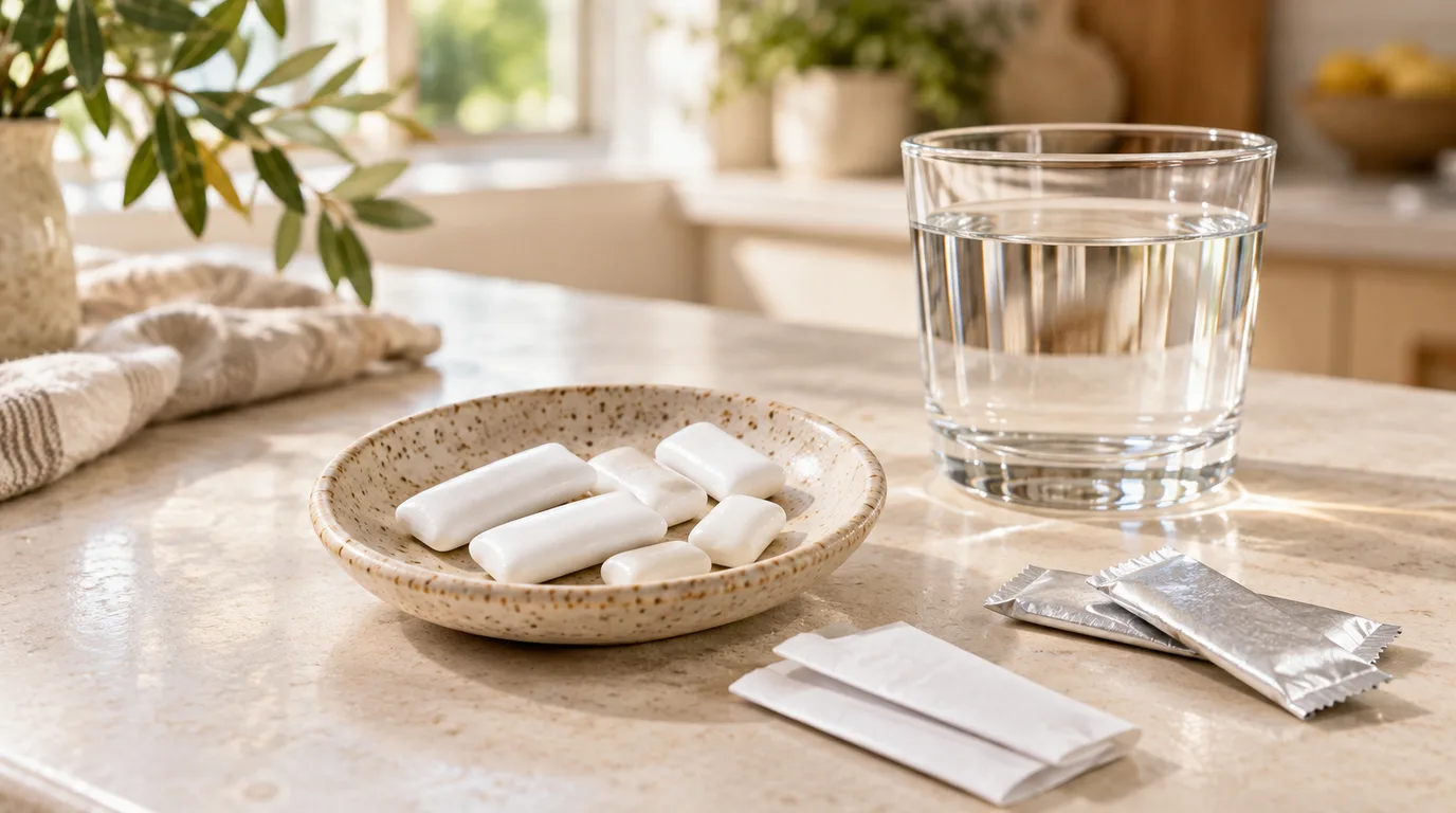 Plain white gum sticks and pellets in a speckled ceramic dish beside foil and paper wrappers and a glass of water on a stone counter