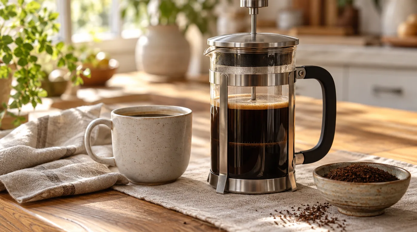 A glass French press with a steel frame and the plunger half pressed, beside a stoneware mug and a bowl of ground coffee on a linen runner