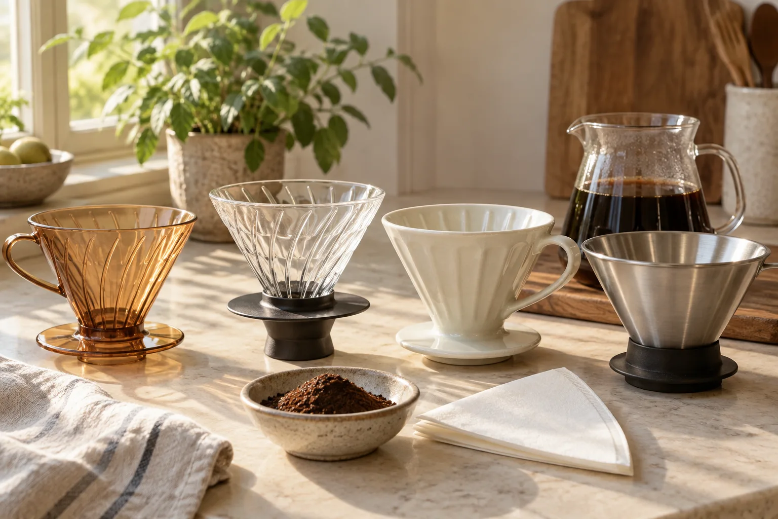 Generic amber plastic, clear glass, ivory ceramic and brushed steel cone drippers beside a glass coffee server
