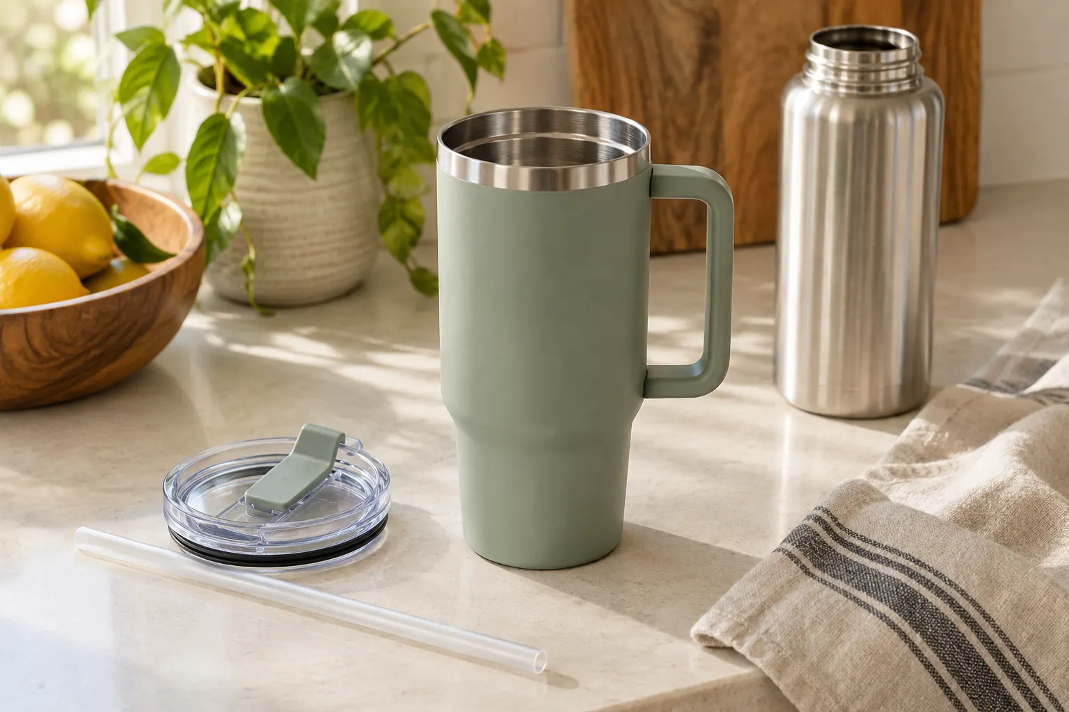 Illustration of an open handled stainless-steel tumbler beside its detached clear plastic lid and straw