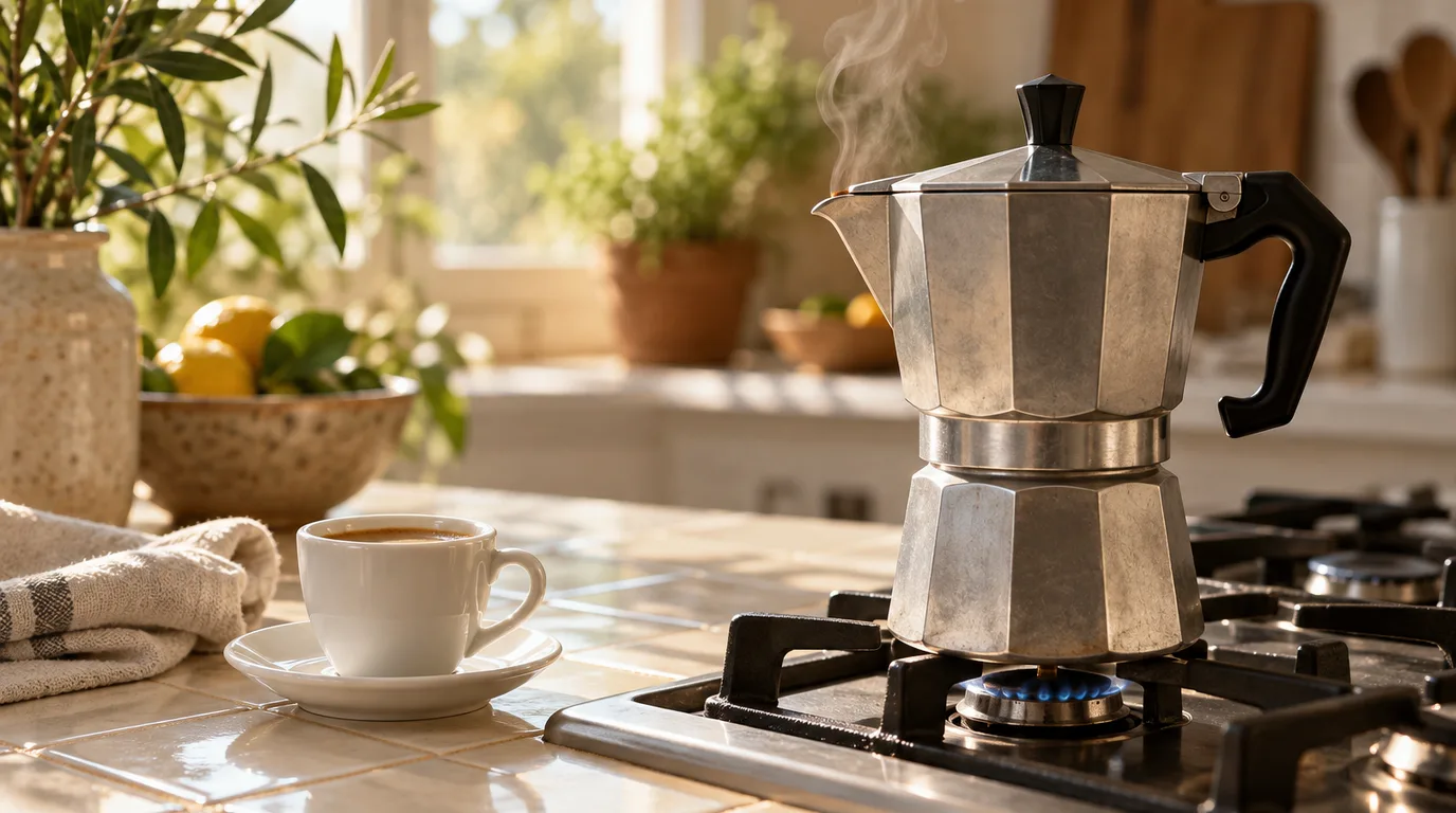 An aluminum stovetop moka pot on a gas burner in a sunlit kitchen, with a small espresso cup and saucer and a folded linen towel beside it