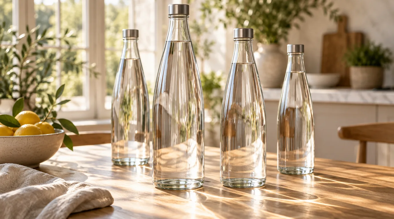 Four unlabeled clear glass water bottles with metal caps on a sunlit wooden table