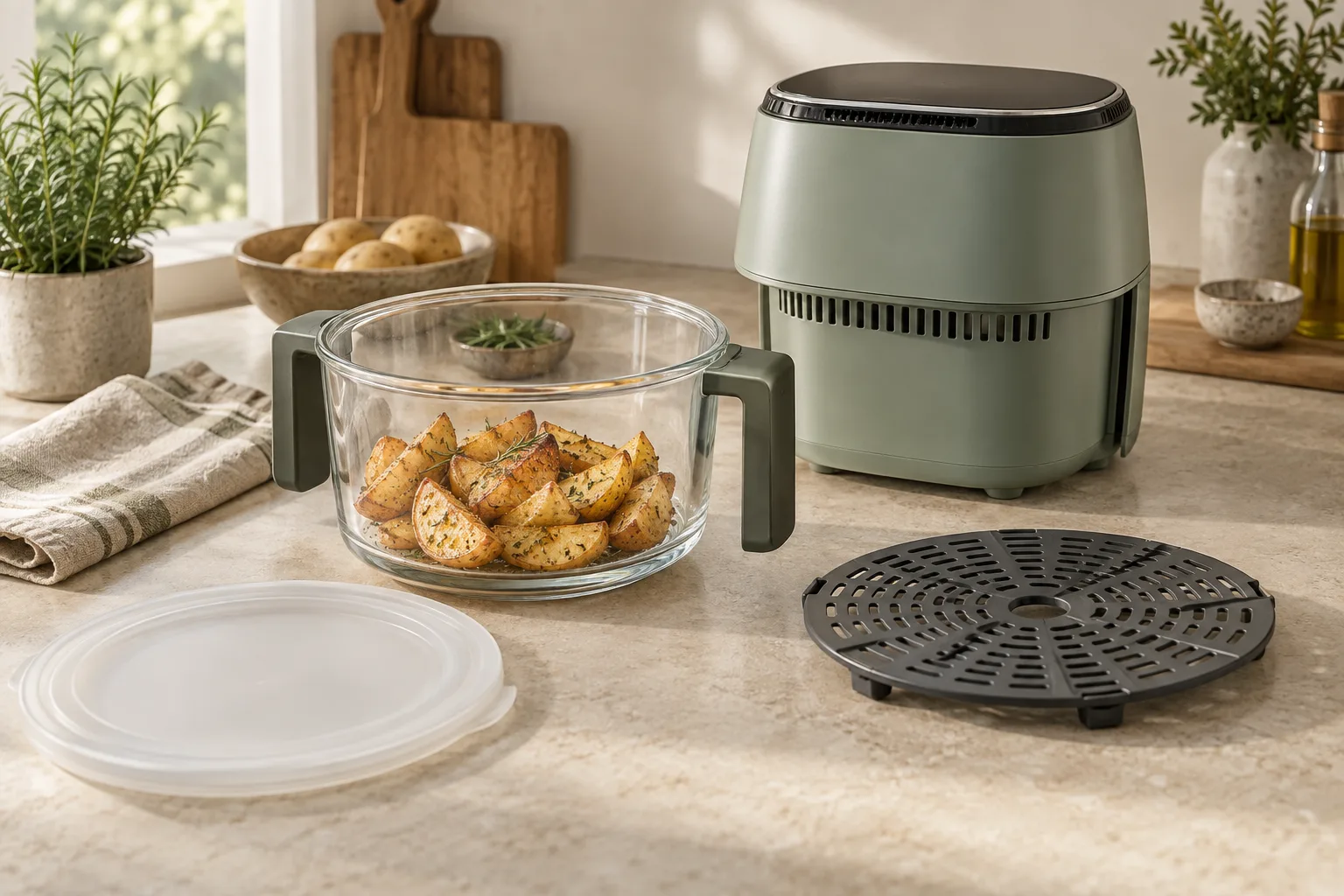 Generic glass air-fryer bowl, separate dark crisper plate, storage lid and sage heating pod
