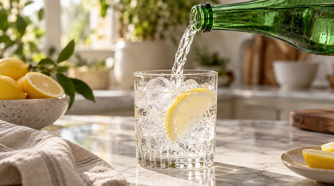 Sparkling water pouring from an unlabeled green glass bottle into a tumbler with ice and a lemon slice on a marble counter