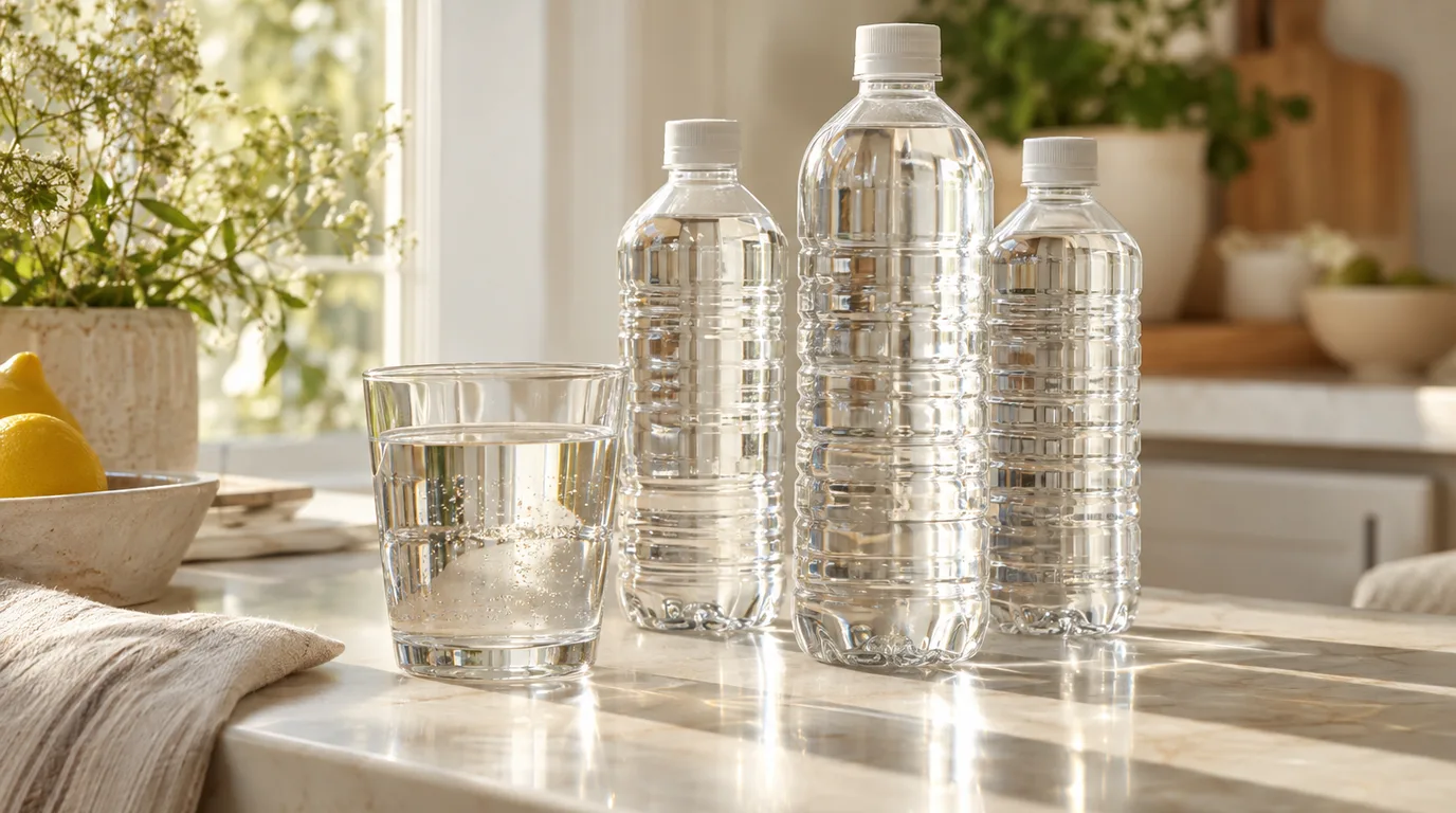 Three unlabeled clear plastic water bottles with white caps beside a filled drinking glass on a sunlit kitchen counter