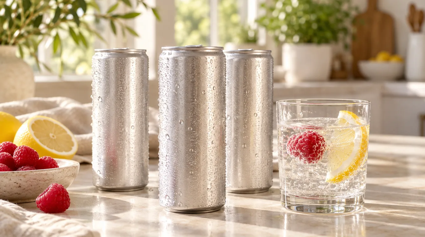 Three unbranded brushed aluminum cans with condensation beside raspberries, a halved lemon and a glass of sparkling water on a marble counter