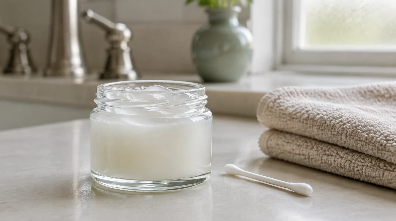 Open glass jar of translucent white petrolatum beside cotton towels on a bathroom counter