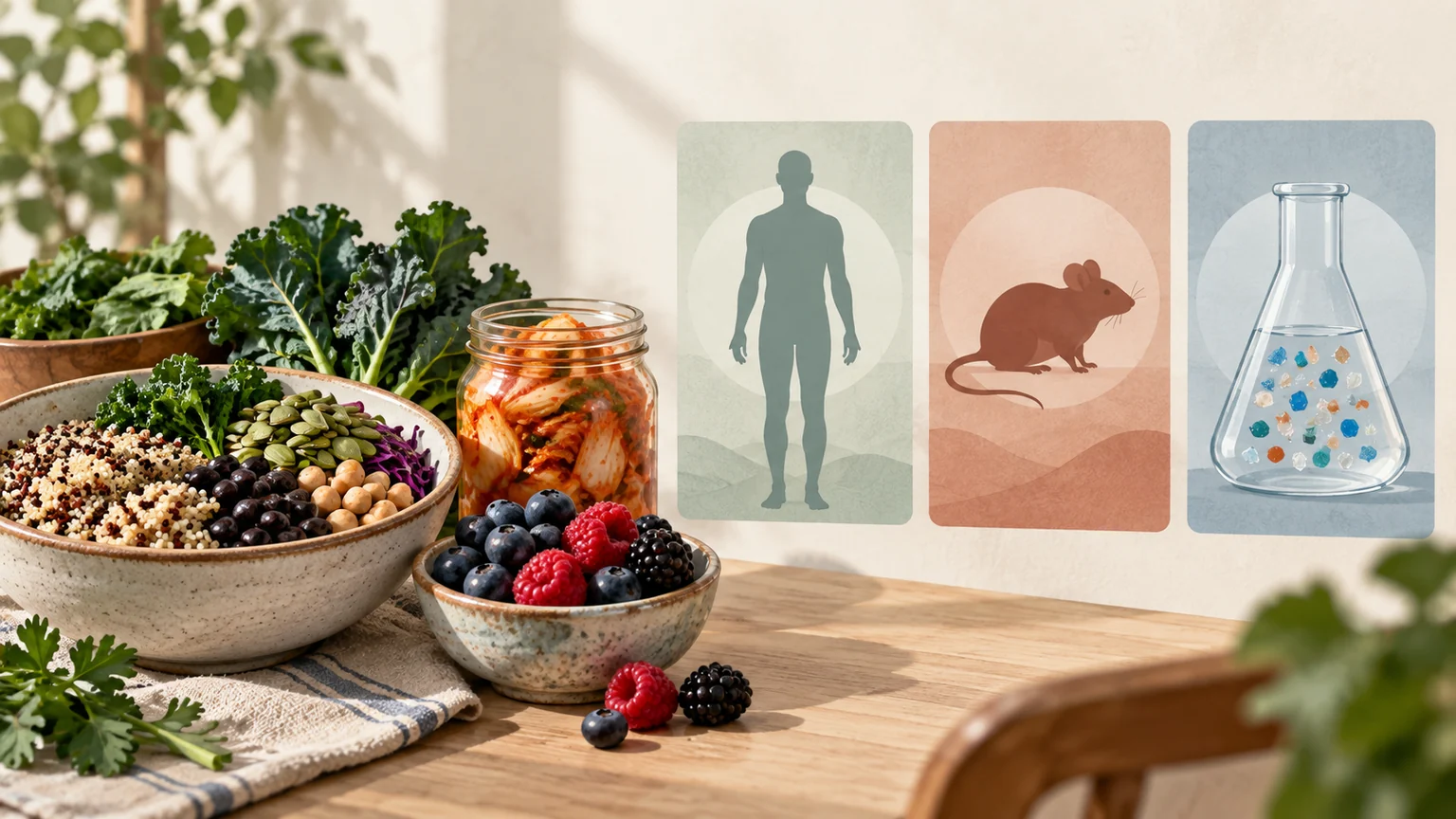 Whole grains, beans, berries and kimchi beside cards showing human, animal and laboratory evidence