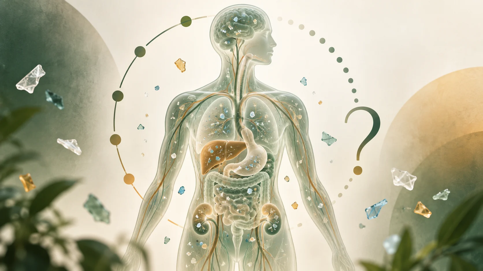 Conceptual illustration of a human body and an open question about microplastic clearance