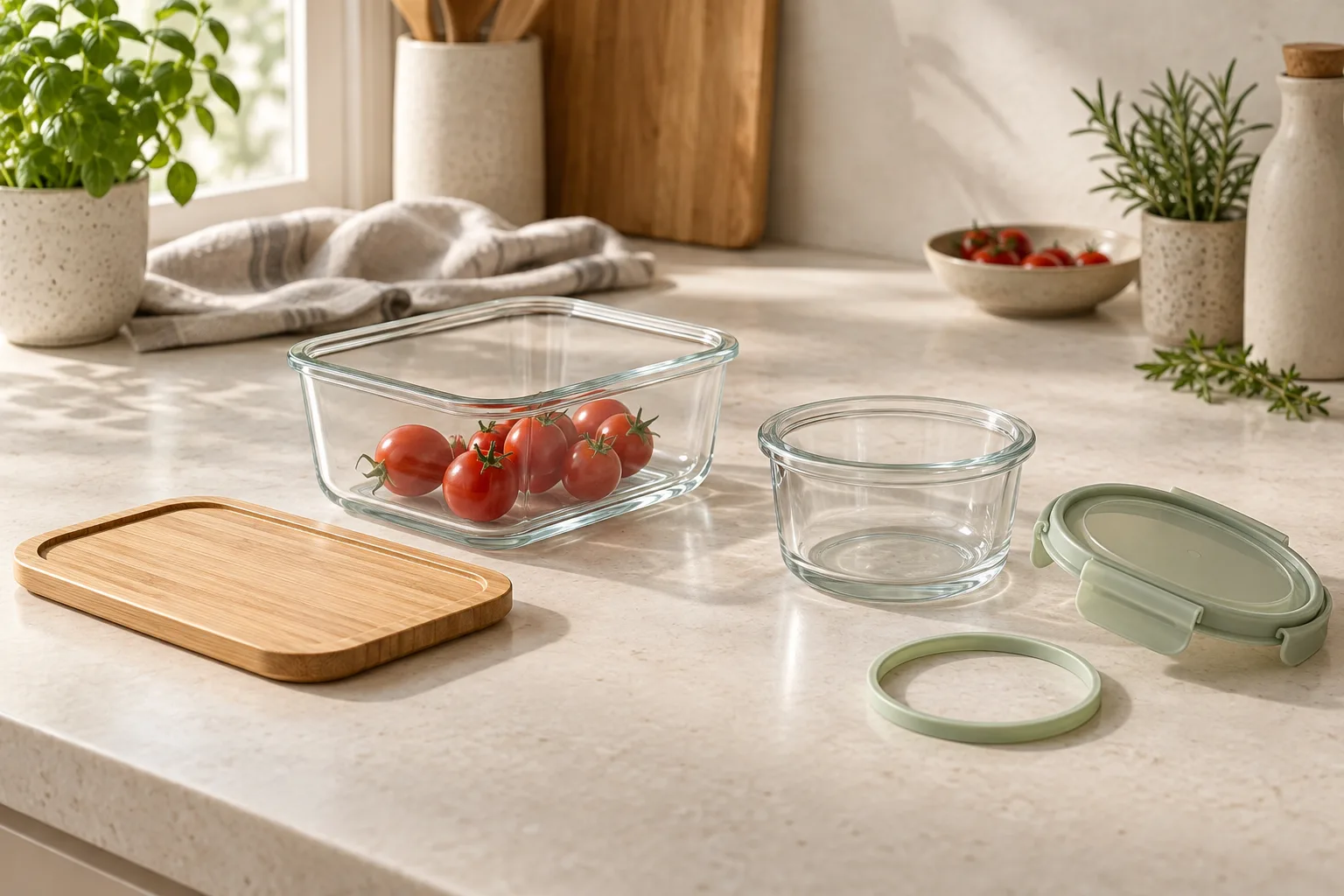 Generic rectangular and round glass food containers with detached pale plastic and bamboo lids