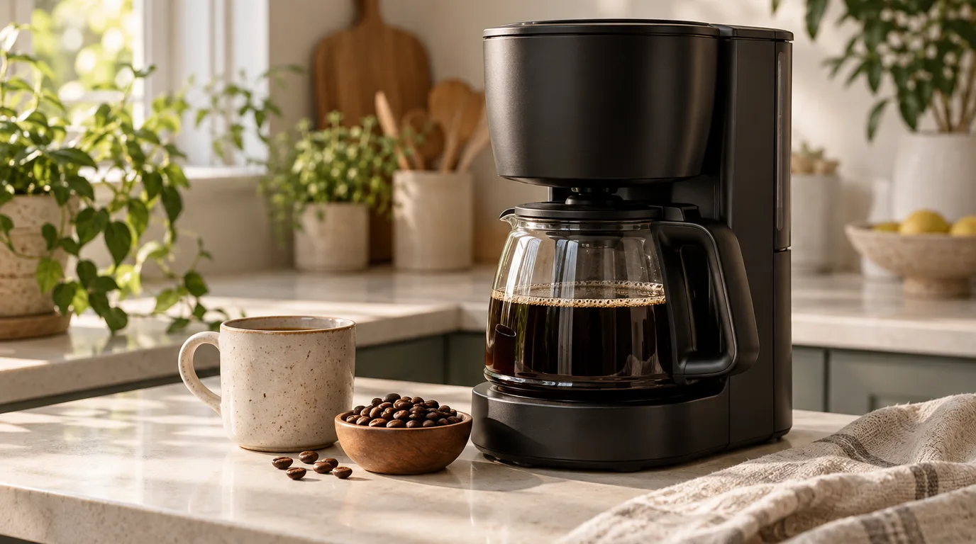 A matte black drip coffee maker with a glass carafe of coffee beside a stoneware mug and a bowl of coffee beans on a kitchen counter