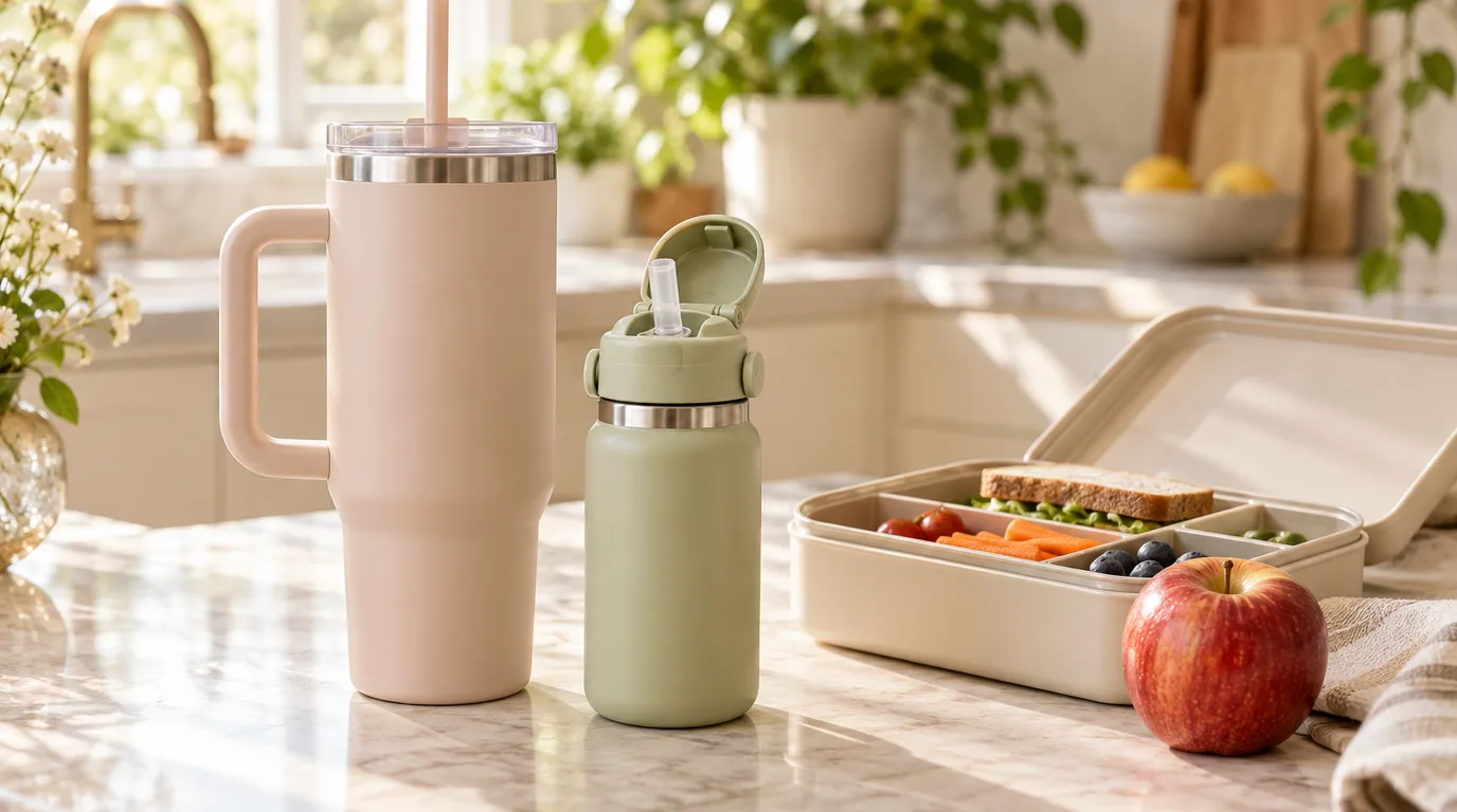 A blush insulated tumbler with a handle and straw and a sage child's bottle with a flip straw beside a bento lunchbox and a red apple