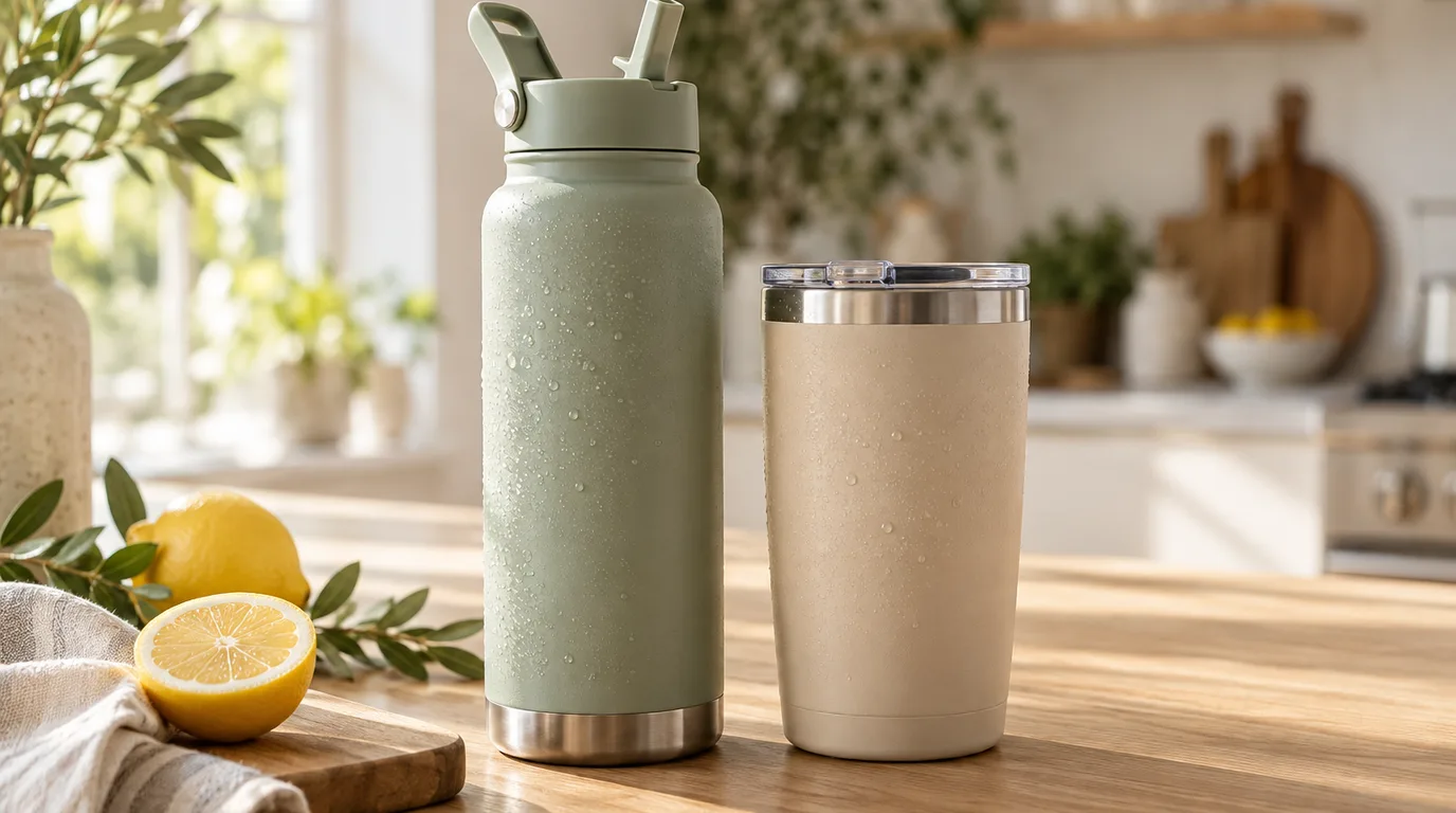 A sage insulated steel bottle with a flip-up straw lid and a sand-colored tumbler with a clear slider lid on a wooden counter beside a halved lemon