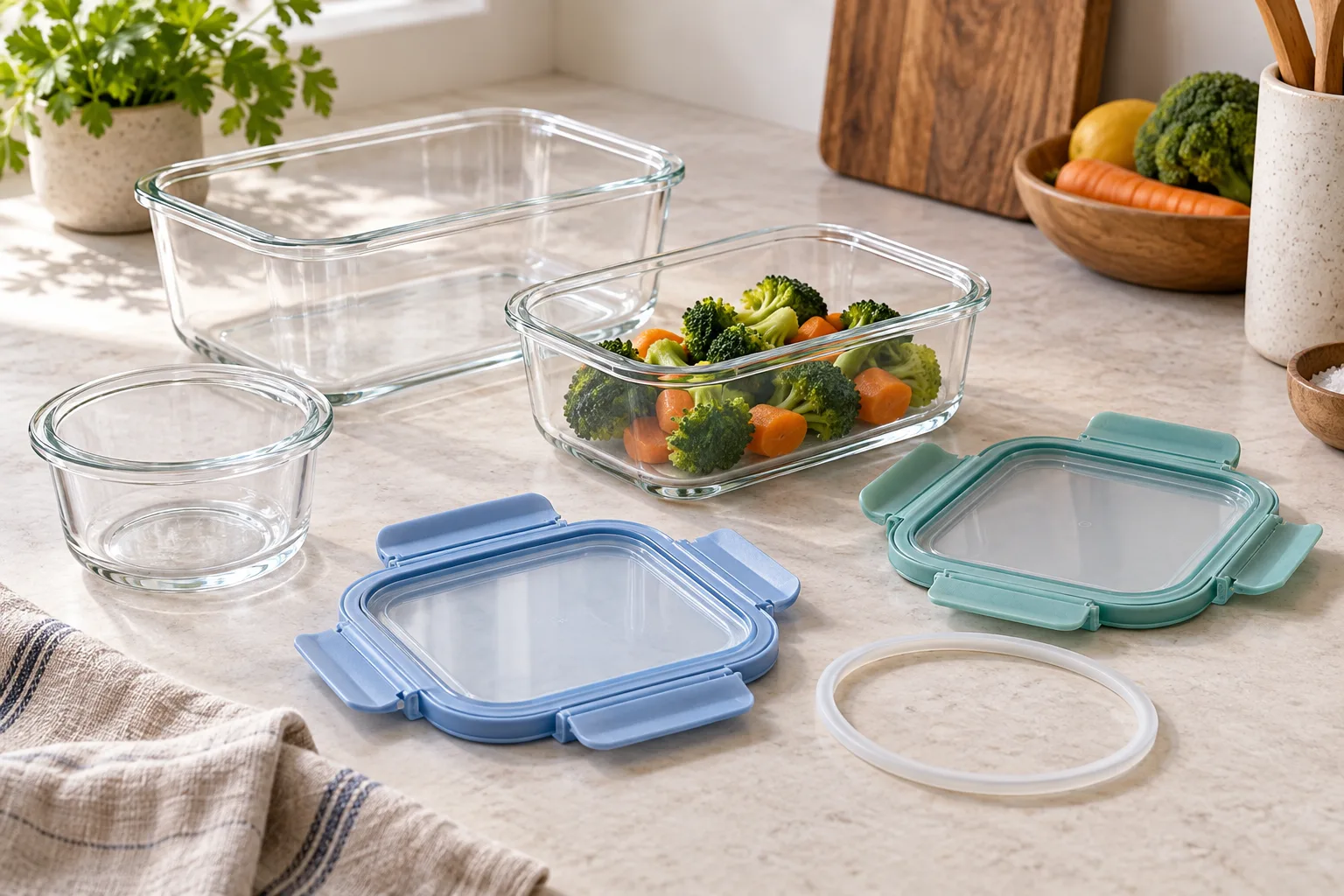 Generic glass meal-prep containers with separate blue and teal locking lids and a pale sealing ring