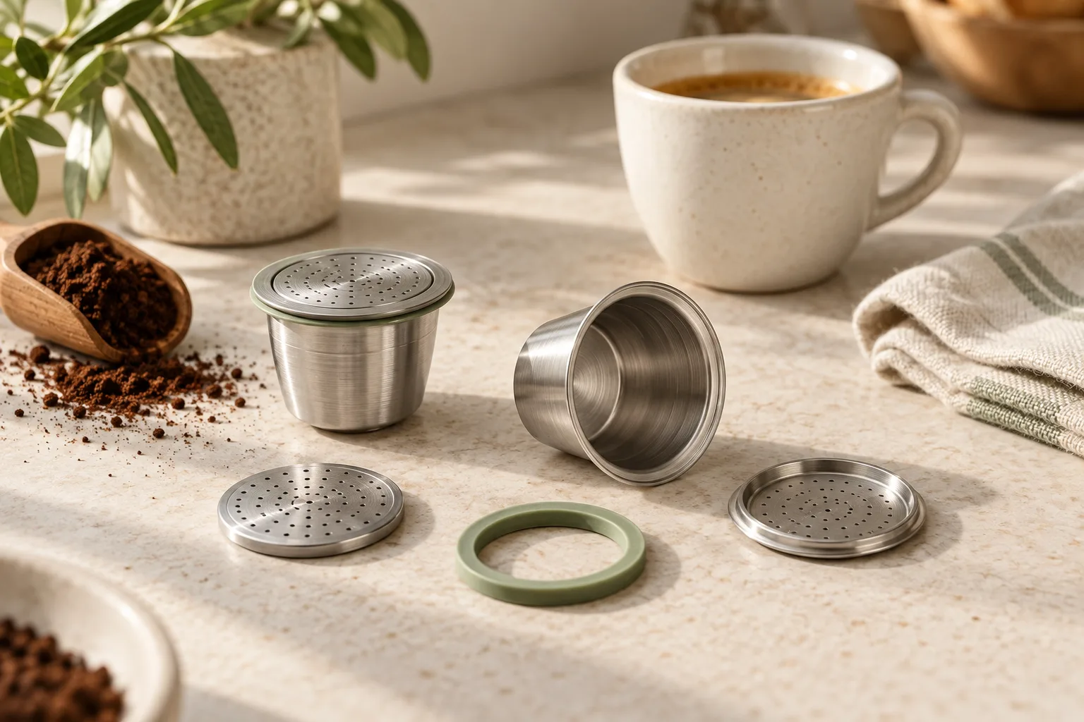 Generic reusable steel coffee capsules, detached lids and a silicone ring beside an espresso cup