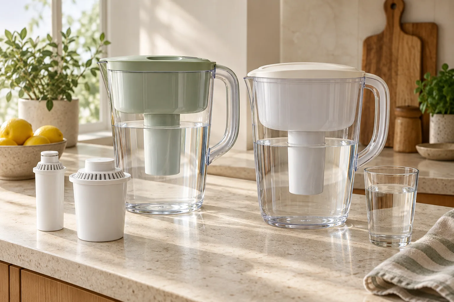 Two generic water-filter pitchers, separate replacement cartridges and a drinking glass